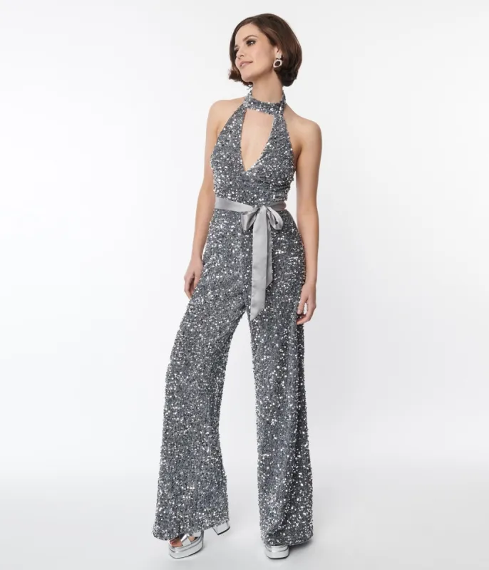 Smak Parlour Silver Sequin Glamour Goddess Jumpsuit sold by Unique Vintage