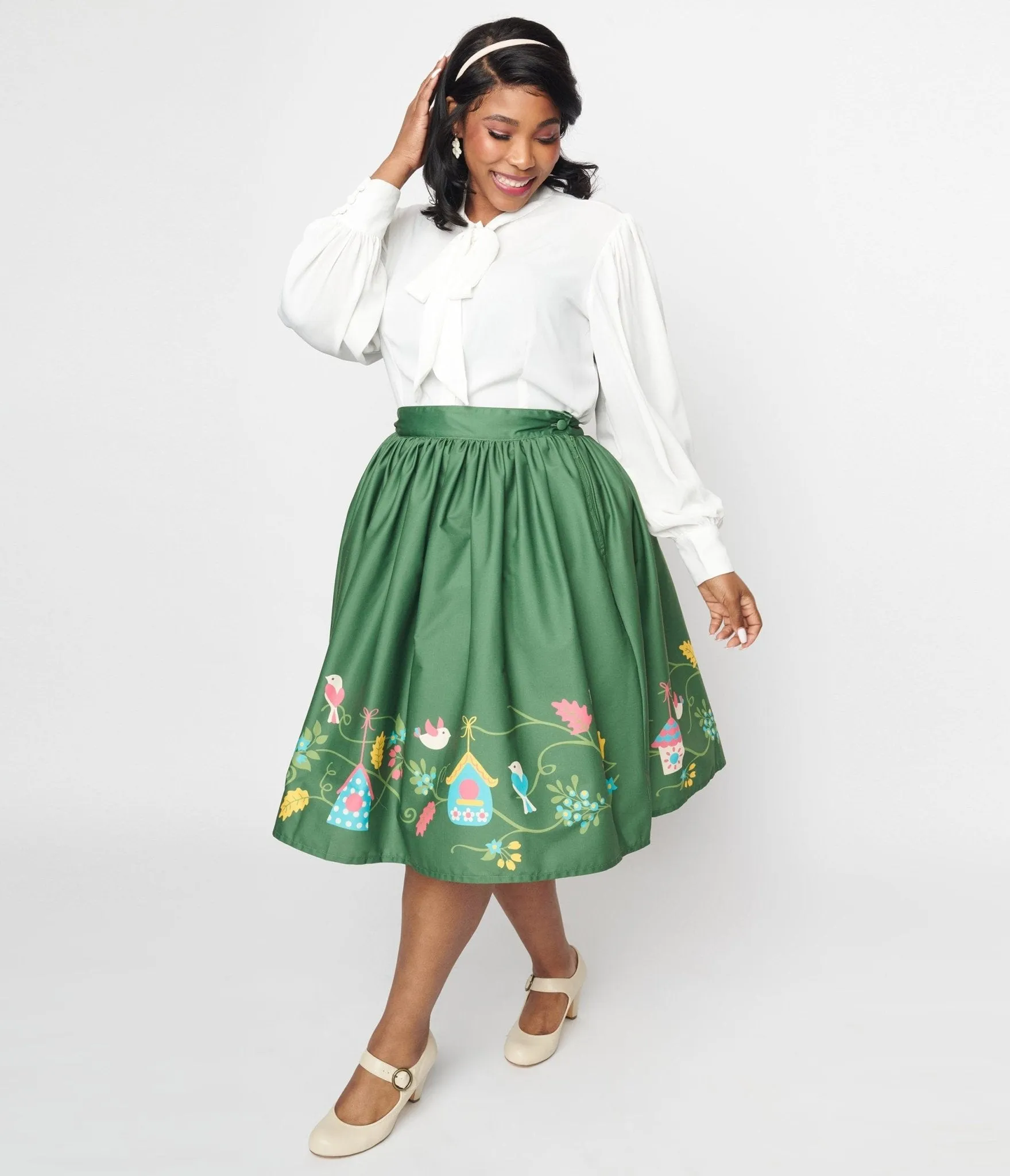 Unique Vintage Green Bird House Gellar Swing Skirt sold by Unique Vintage