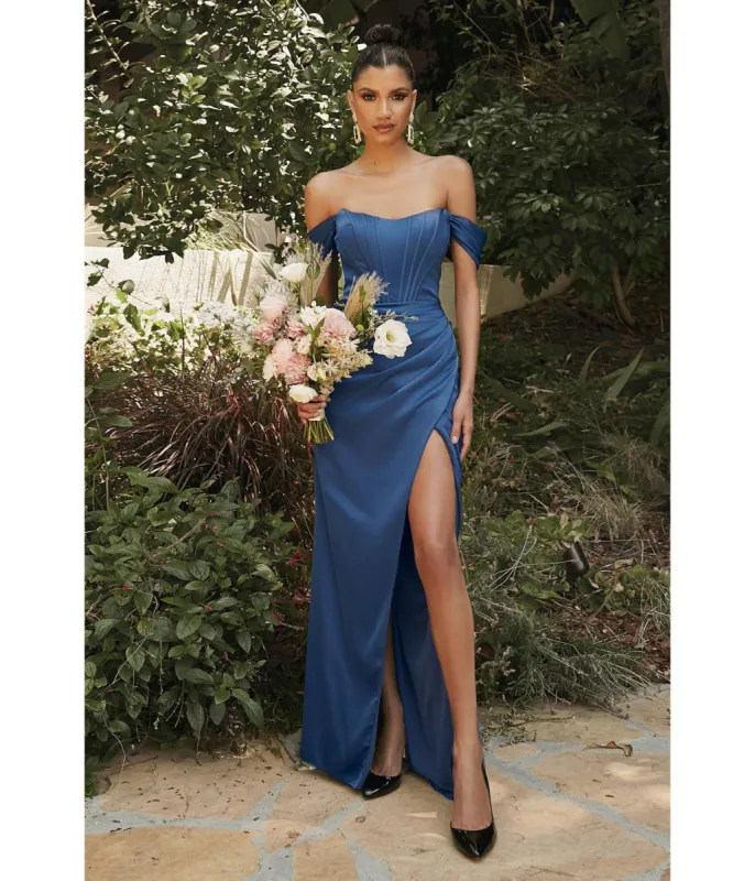 Ladivine by Cinderella Divine Soft Navy Divine Satin Corset Off-Shoulder Prom Dress sold by Unique Vintage