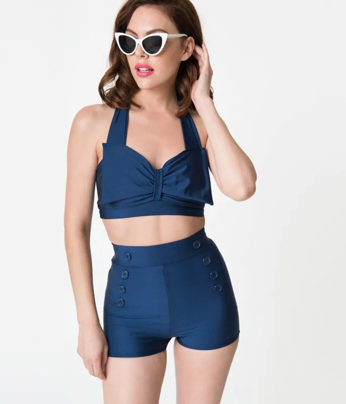 Vintage Style Navy Blue Bow Halter Swim Top sold by Unique Vintage
