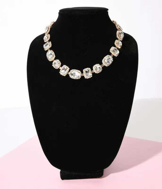 Gold & Multishape Rhinestone Necklace sold by Unique Vintage