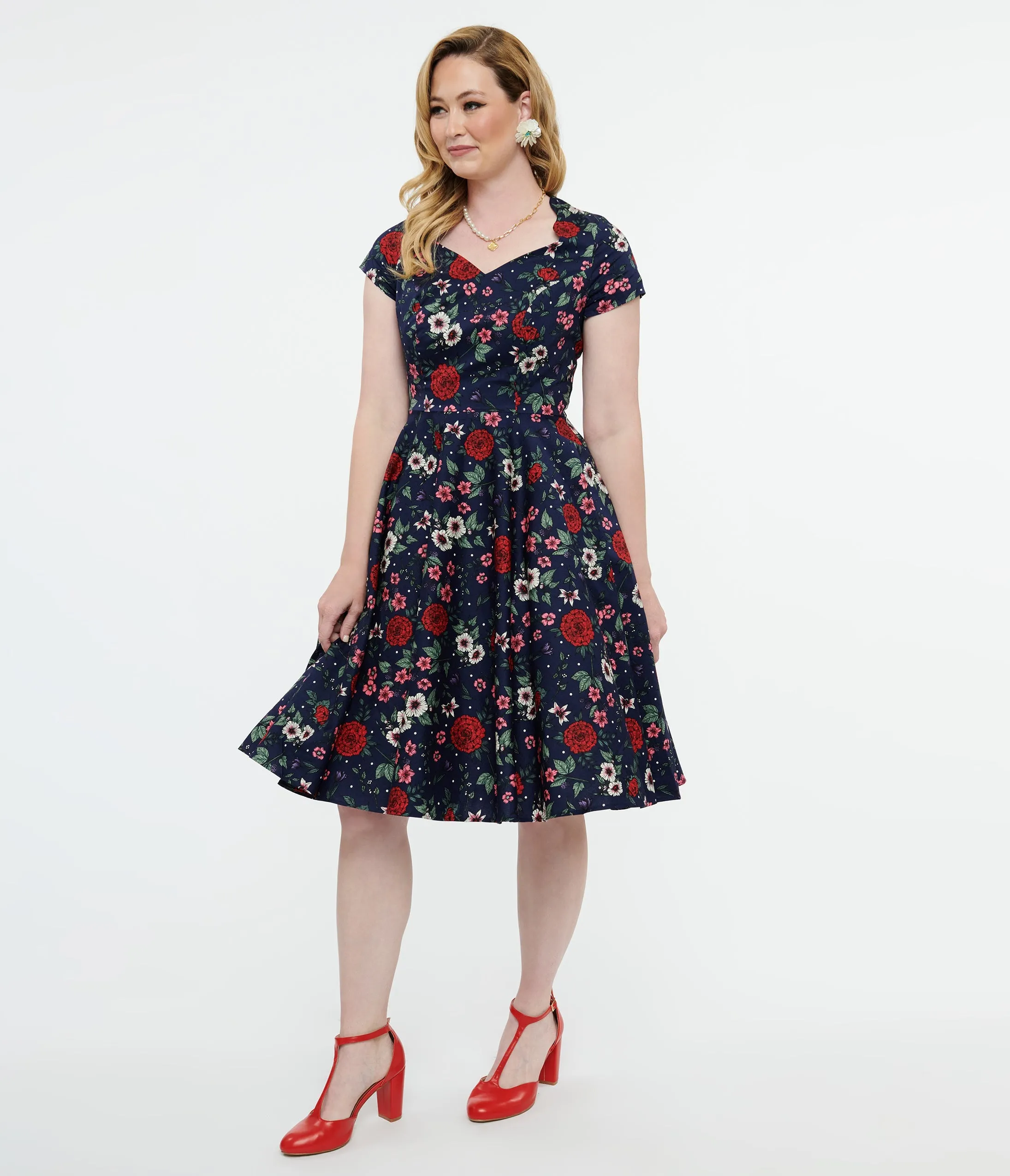 Hell Bunny 1950s Navy Blue & Red Floral Camellia Midi Dress sold by Unique Vintage product image thumbnail 3