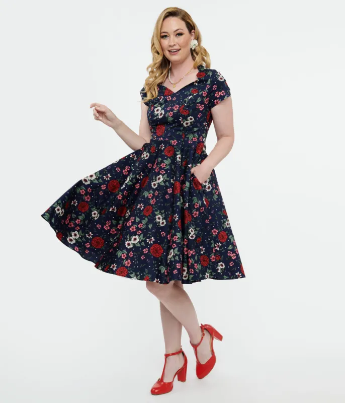 Hell Bunny 1950s Navy Blue & Red Floral Camellia Midi Dress sold by Unique Vintage