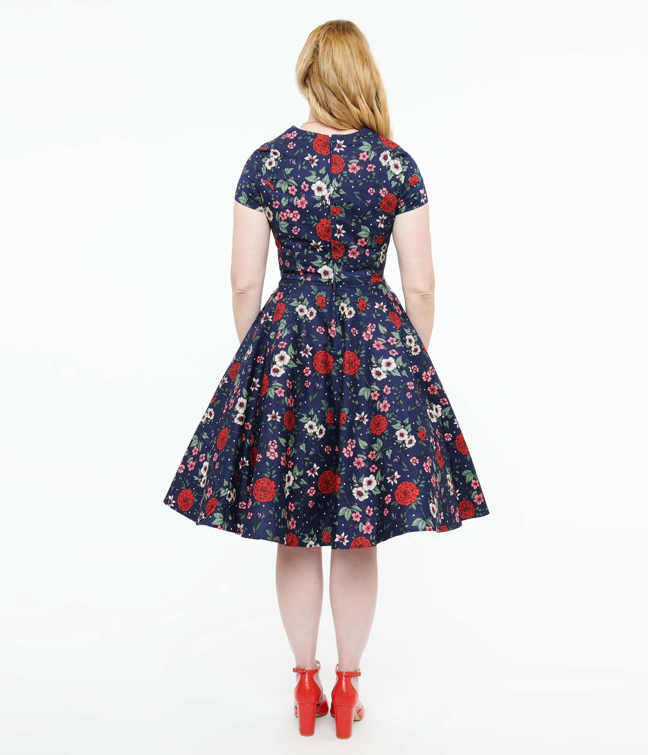 Hell Bunny 1950s Navy Blue & Red Floral Camellia Midi Dress sold by Unique Vintage product image thumbnail 2