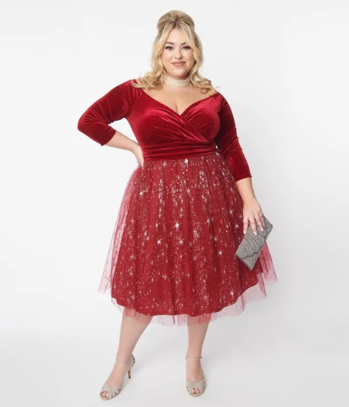 Unique Vintage Burgundy Velvet & Tulle Silver Stars Marceline Swing Dress sold by Unique Vintage