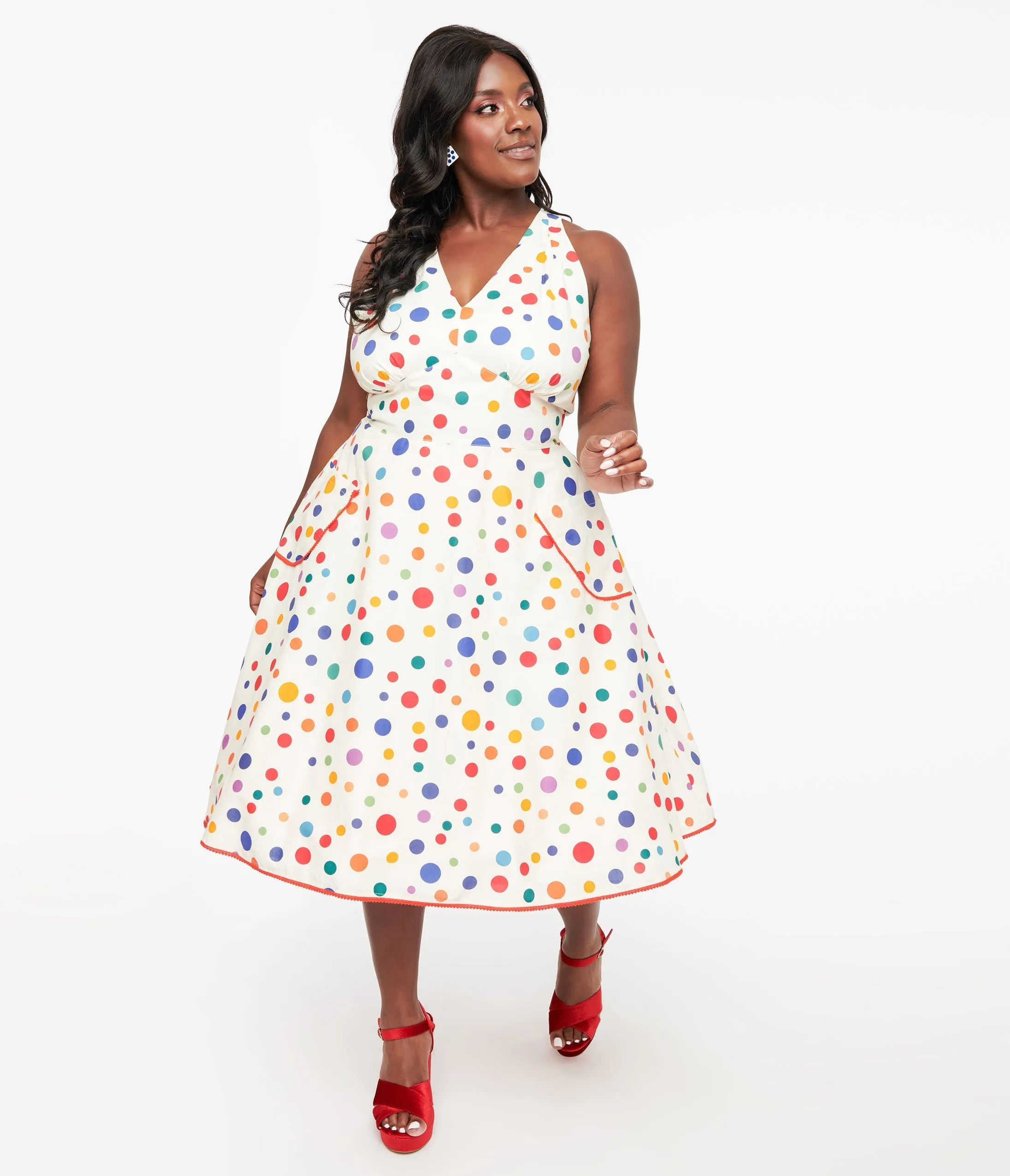 Unique Vintage Plus Size 1950s Rainbow Polka Dot Cotton Halter Swing Dress sold by Unique Vintage
