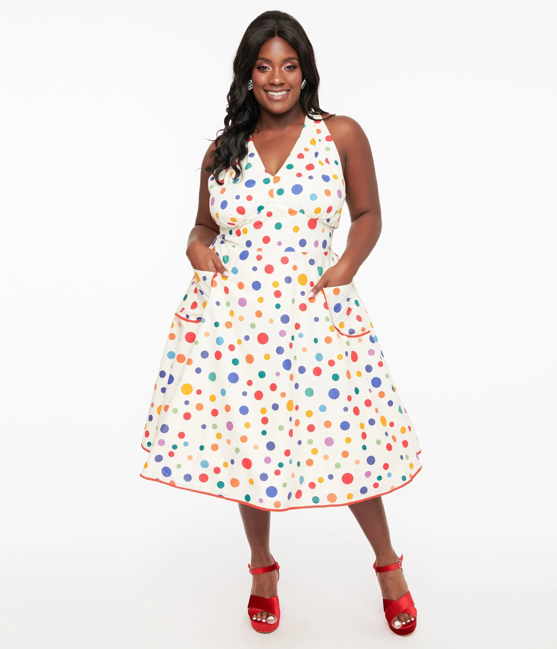 Unique Vintage Plus Size 1950s Rainbow Polka Dot Cotton Halter Swing Dress sold by Unique Vintage product image thumbnail 3