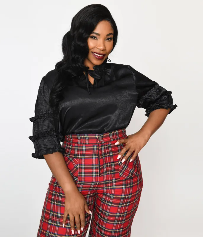 Black Crushed Satin Ruffle Blouse sold by Unique Vintage