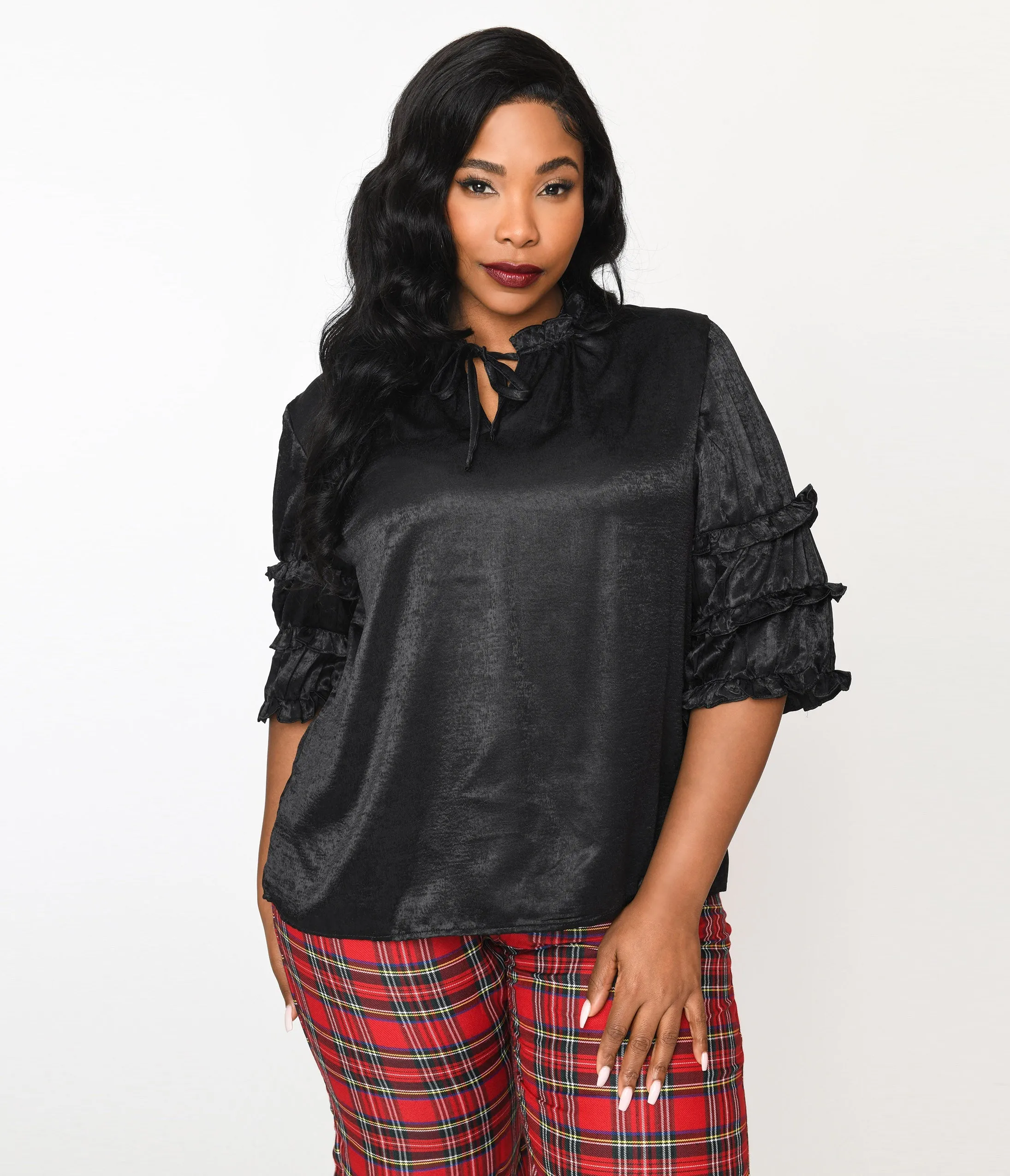 Black Crushed Satin Ruffle Blouse sold by Unique Vintage product image thumbnail 2