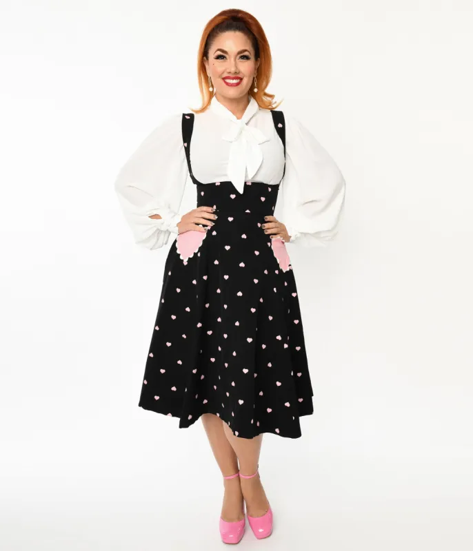Unique Vintage Black & Pink Heart Amma Suspender Swing Skirt sold by Unique Vintage