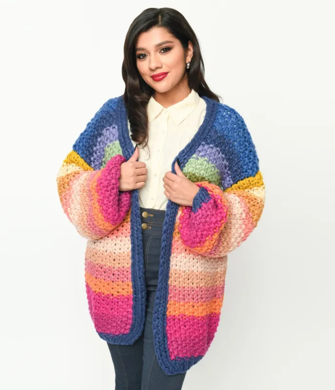 Navy & Multicolor Striped Crochet Knit Open Cardigan sold by Unique Vintage