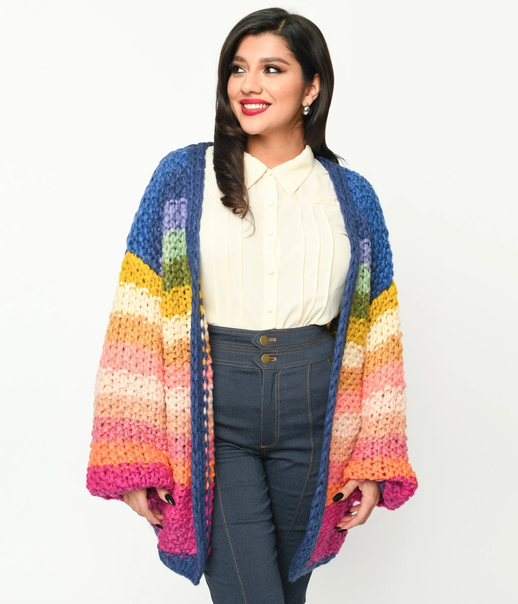 Navy & Multicolor Striped Crochet Knit Open Cardigan sold by Unique Vintage product image thumbnail 2