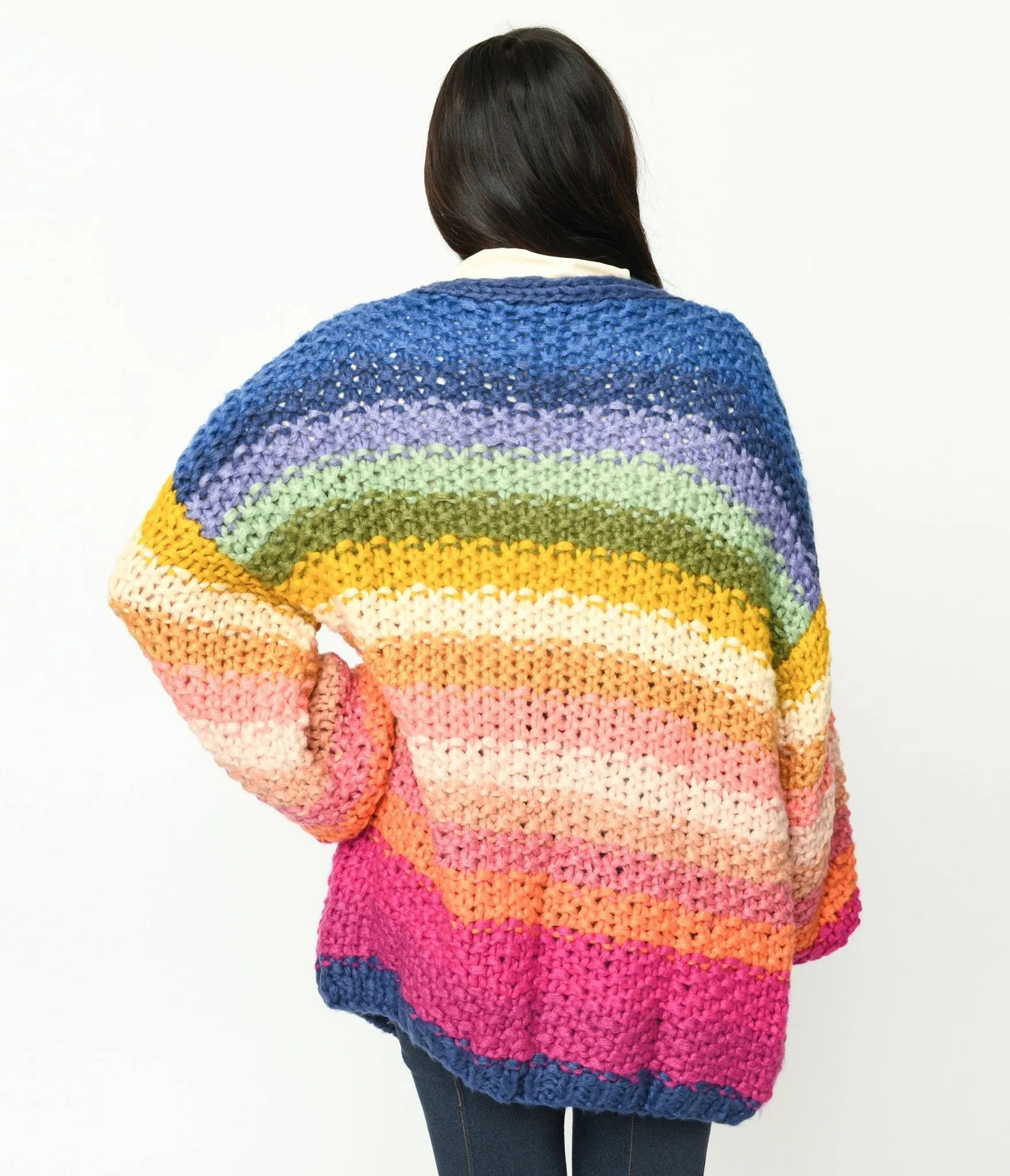 Navy & Multicolor Striped Crochet Knit Open Cardigan sold by Unique Vintage product image thumbnail 3