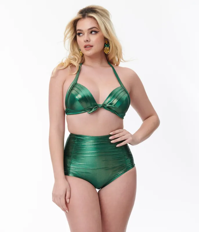 Unique Vintage Metallic Emerald Monroe Halter Swim Top sold by Unique Vintage