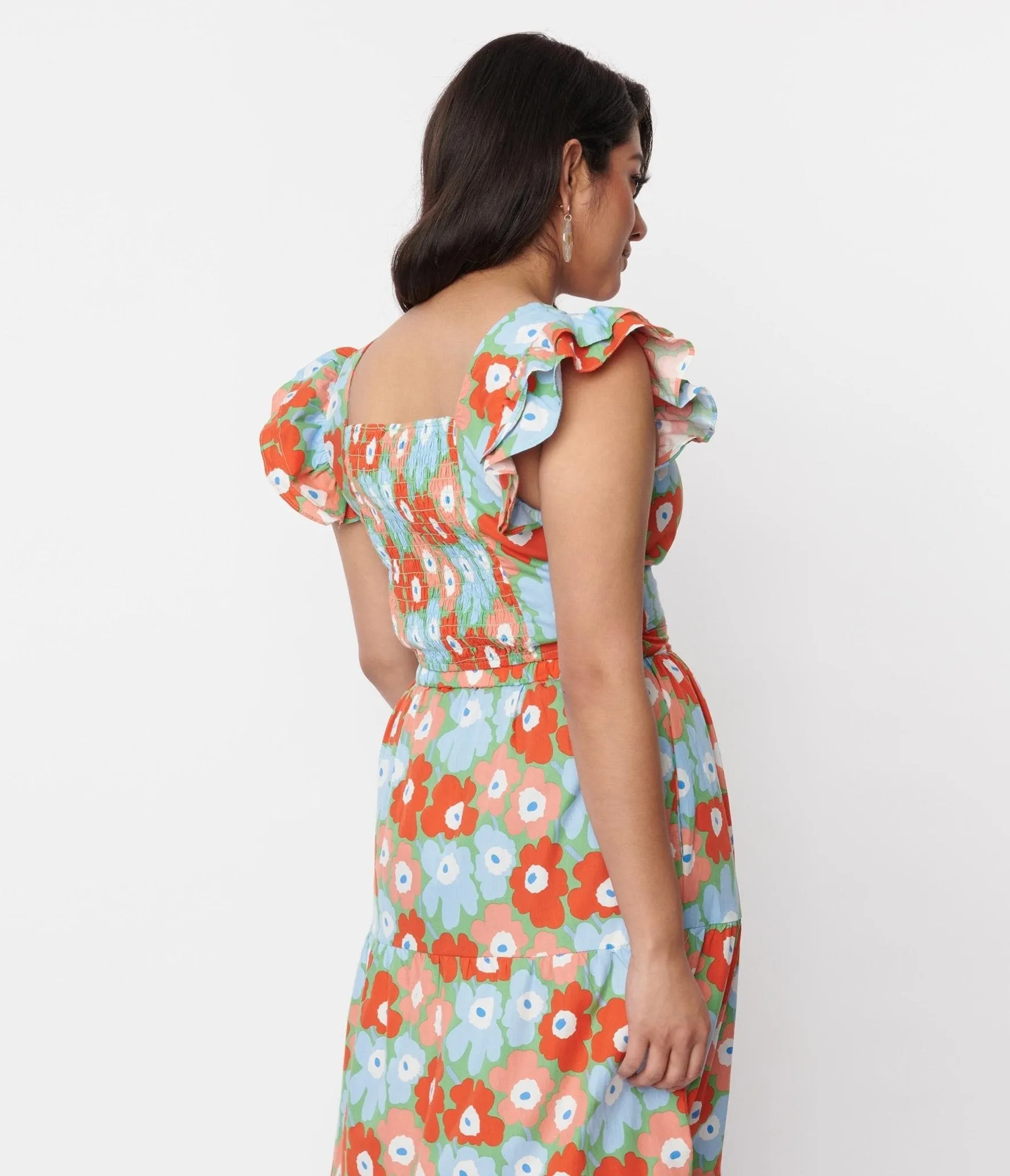 Light Blue & Red Floral Smocked Crop Top sold by Unique Vintage product image thumbnail 2