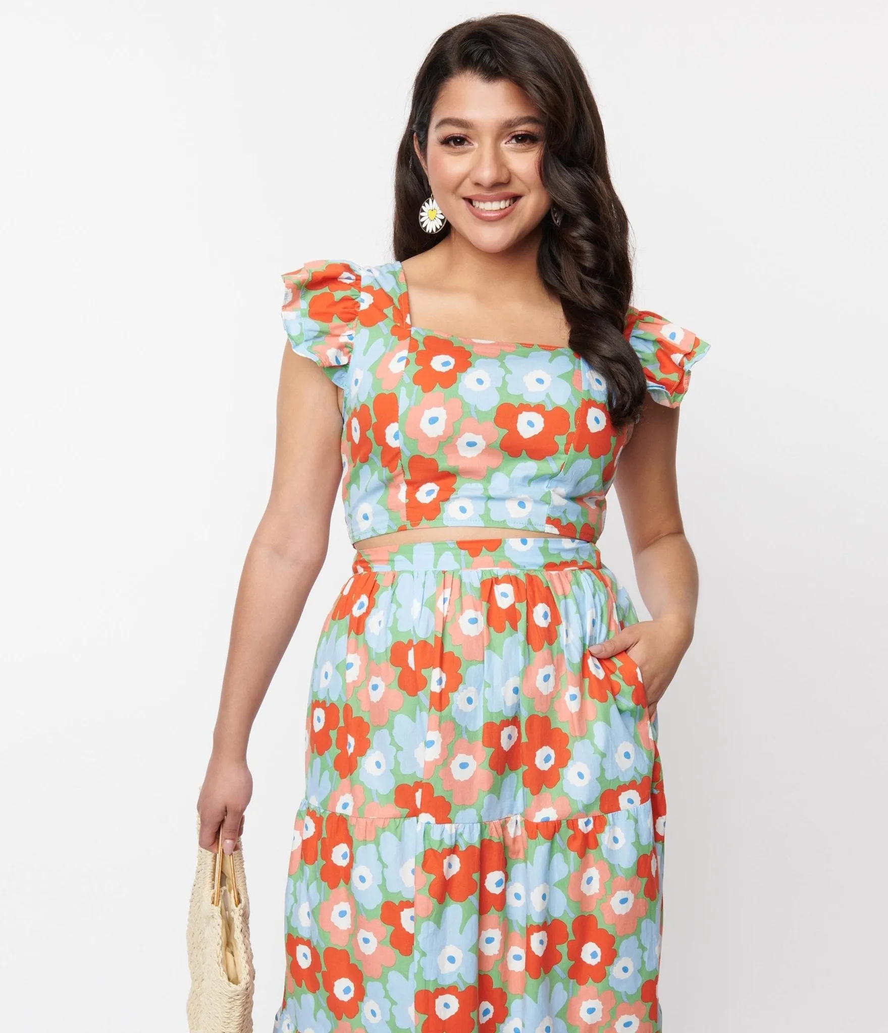 Light Blue & Red Floral Smocked Crop Top sold by Unique Vintage product image thumbnail 4