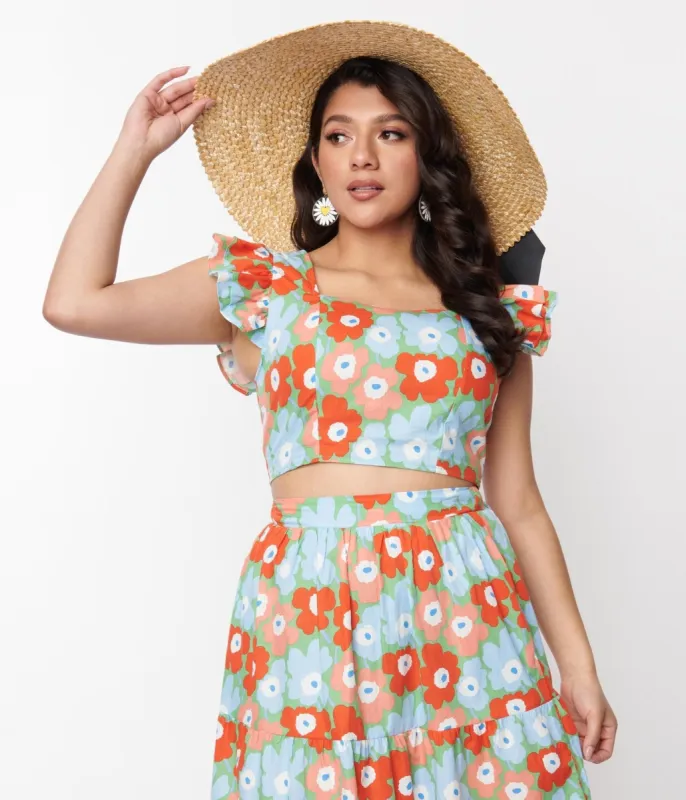 Light Blue & Red Floral Smocked Crop Top sold by Unique Vintage