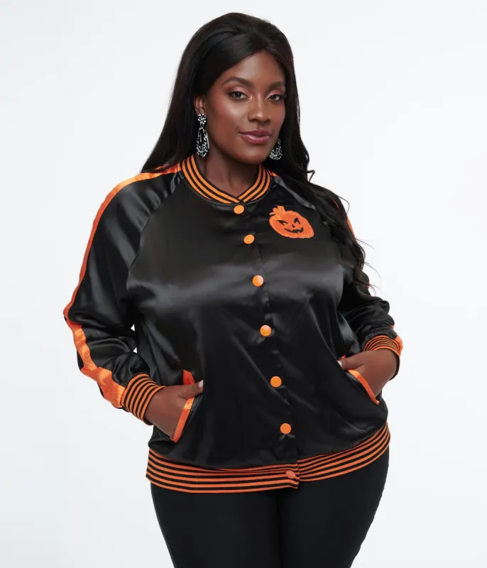 Unique Vintage Plus Size Black & Orange Scream Queen Satin Bomber Jacket made by Unique Vintage