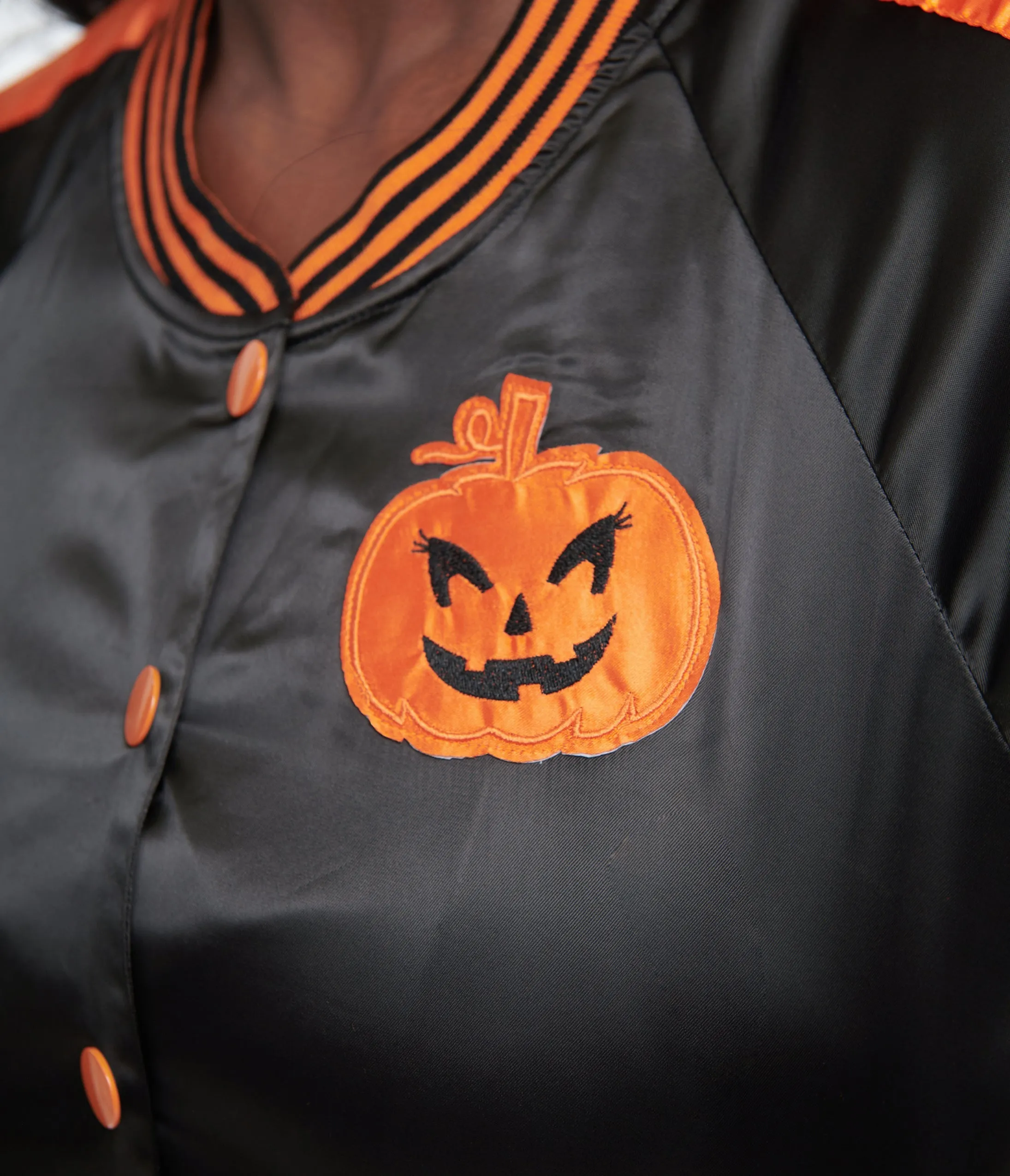 Unique Vintage Plus Size Black & Orange Scream Queen Satin Bomber Jacket sold by Unique Vintage product image thumbnail 2