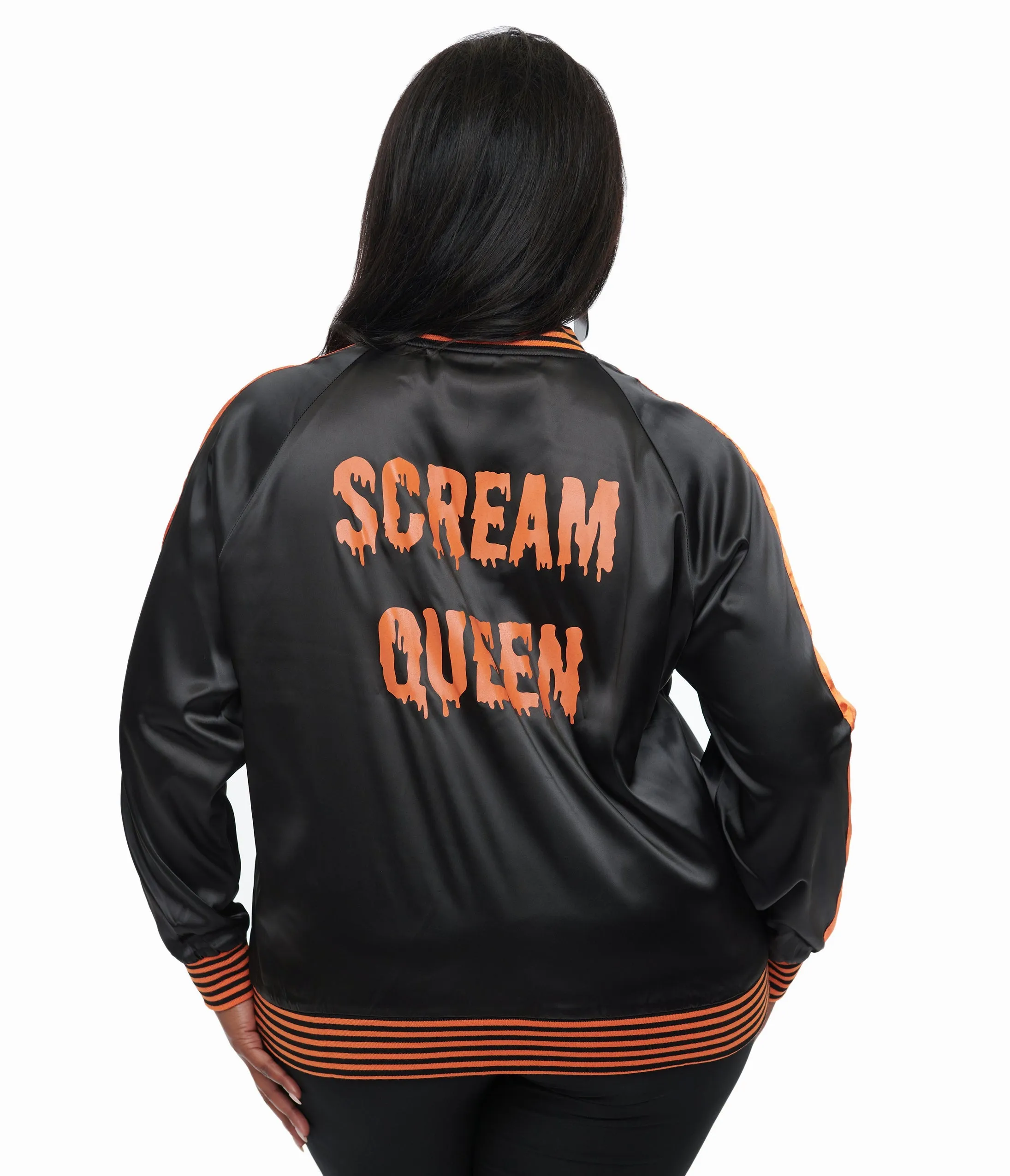 Unique Vintage Plus Size Black & Orange Scream Queen Satin Bomber Jacket sold by Unique Vintage product image thumbnail 3