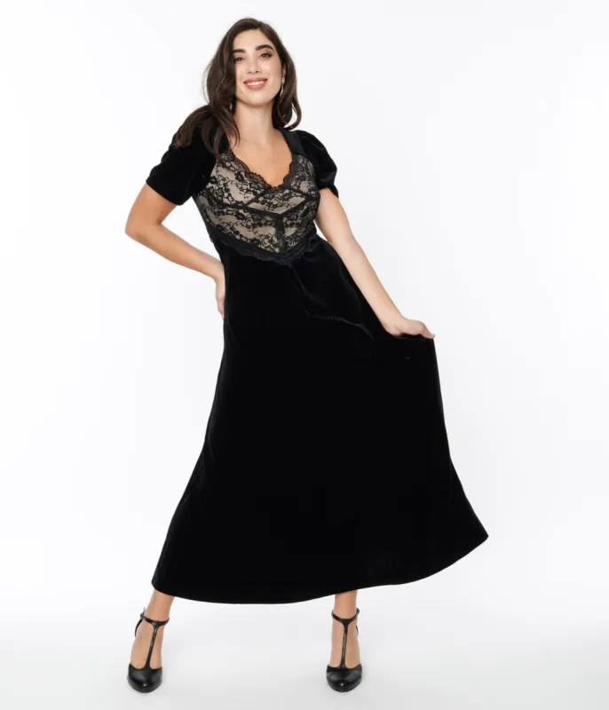 Black Velvet & Cream Lace Maxi Dress sold by Unique Vintage