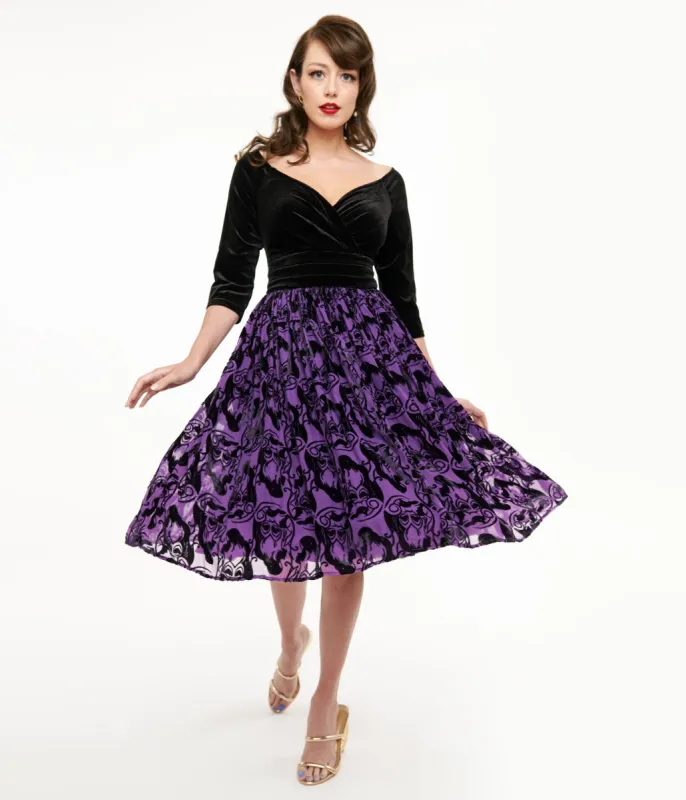 Disney Princess collection by Unique Vintage Purple & Black Ursula Burnout Velvet Marceline Swing Dress sold by Unique Vintage
