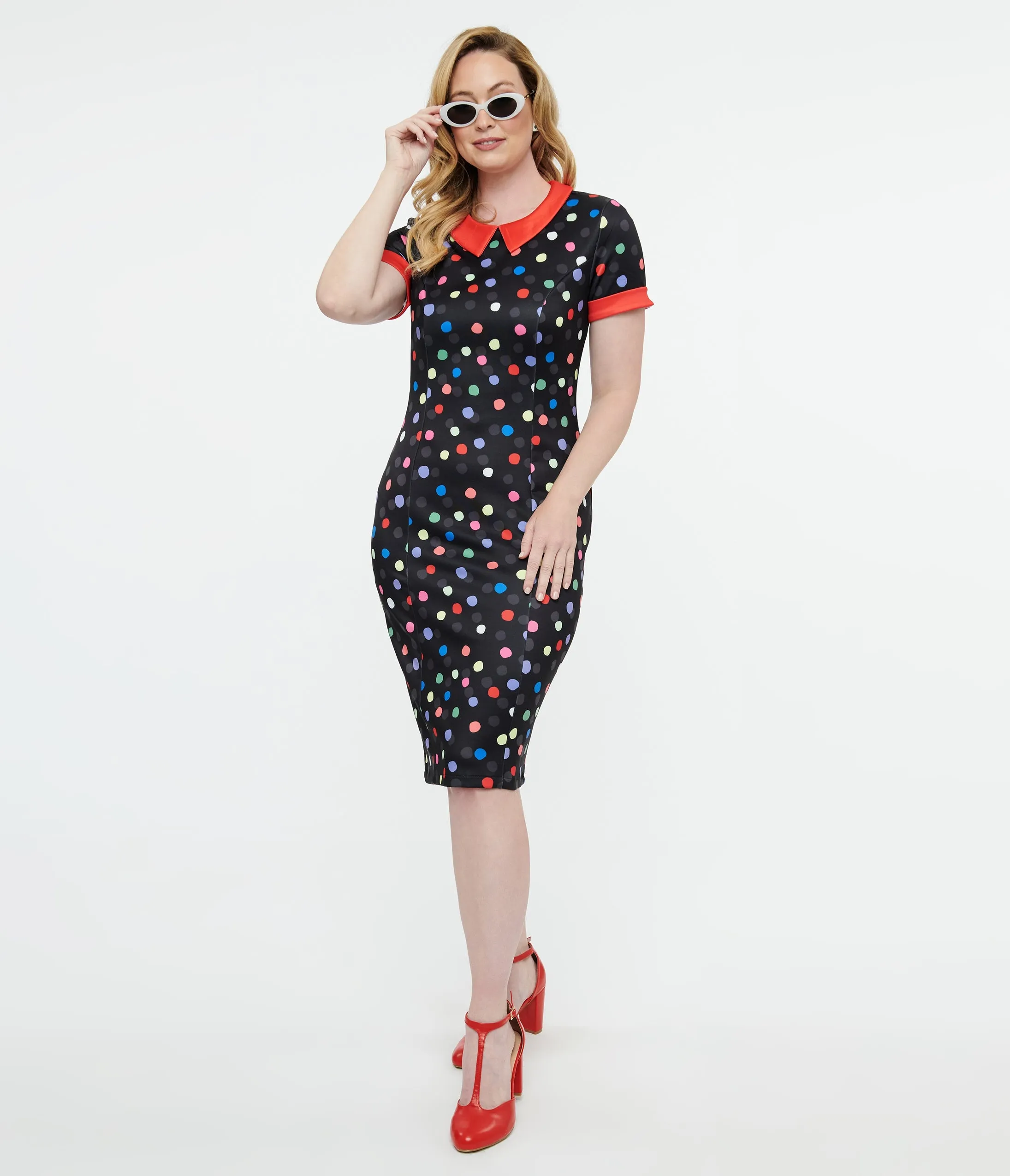 Dolly & Dotty 1950s Black & Rainbow Polka Dot Toni Wiggle Dress sold by Unique Vintage