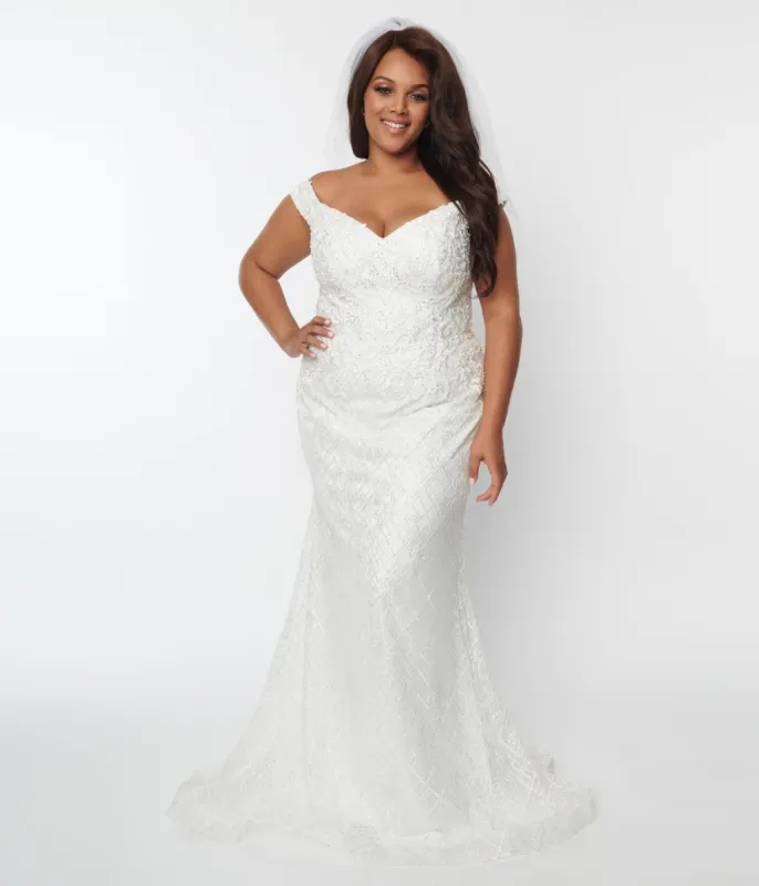 Vintage Inspired Plus Size White Floral Mermaid Wedding Dress sold by Unique Vintage