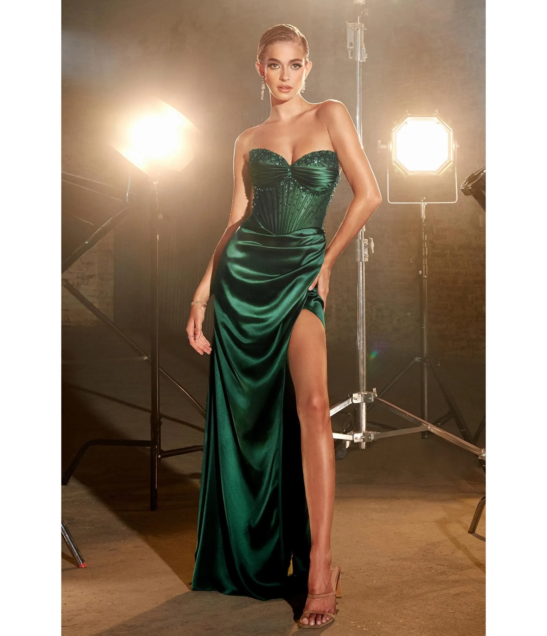 Ladivine by Cinderella Divine Emerald Beaded Satin Corset Prom Dress sold by Unique Vintage product image thumbnail 2