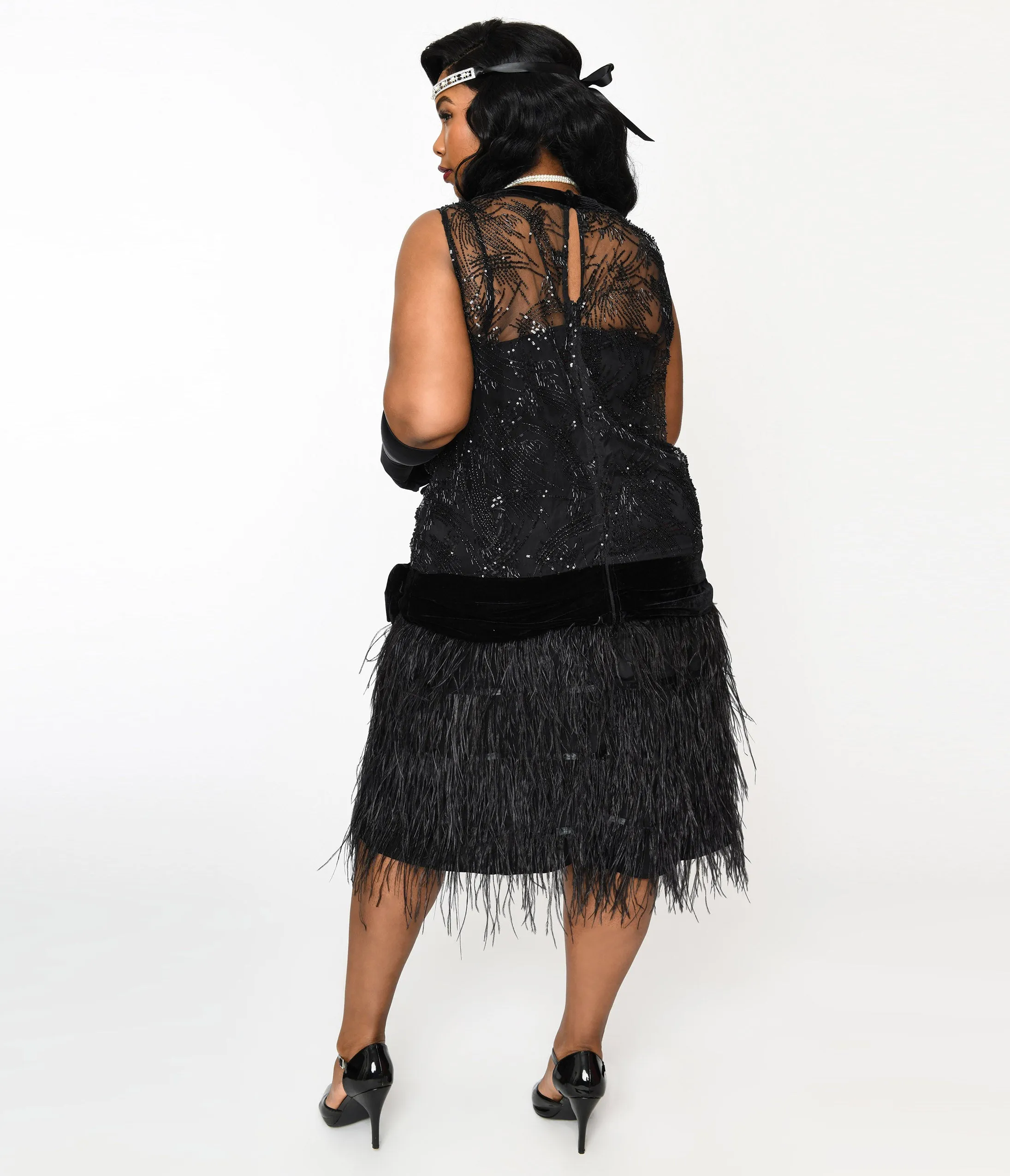 The Great Gatsby x Unique Vintage Plus Size Black Sequin & Feather Surplice Flapper Dress sold by Unique Vintage product image thumbnail 3