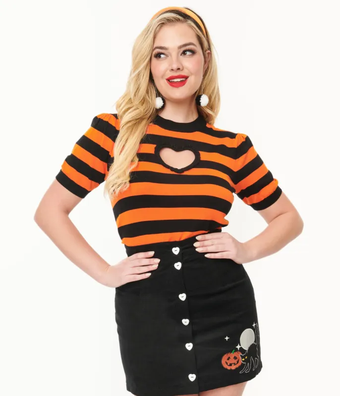 Smak Parlour 1950s Black & Orange Stripe Heart Sweater sold by Unique Vintage