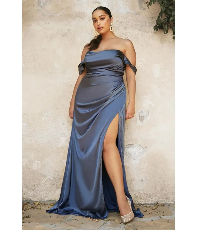 Cinderella Divine  Plus Size Smoky Blue Satin Draped Off The Shoulder Bridesmaid Dress sold by Unique Vintage