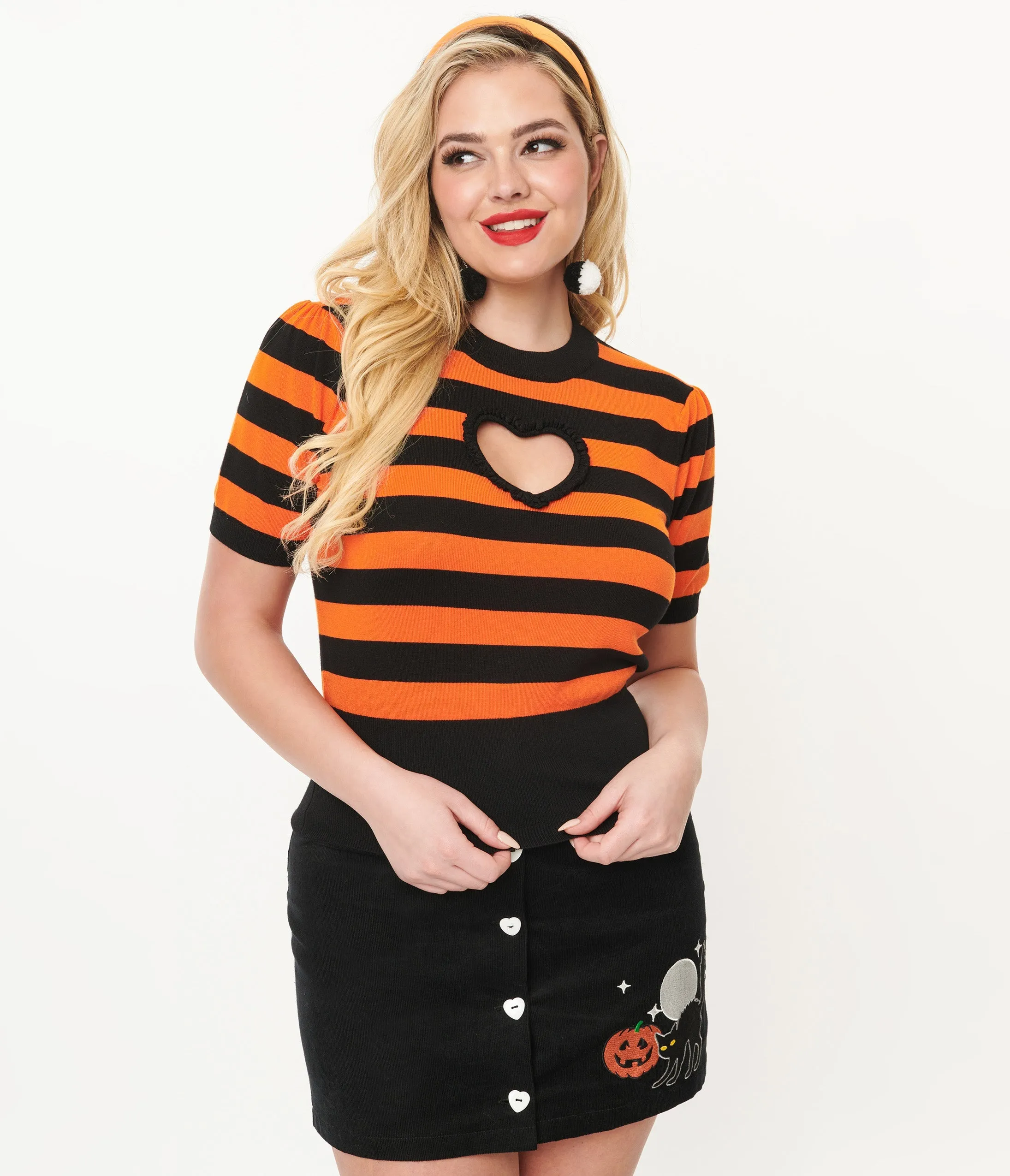 Smak Parlour 1950s Black & Orange Stripe Heart Sweater sold by Unique Vintage product image thumbnail 2