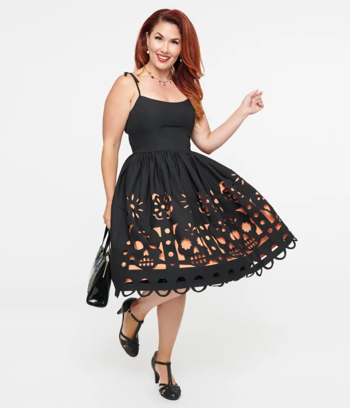Unique Vintage 1950s Black & Orange Dia De Los Muertos Cutout Bobbie Swing Dress sold by Unique Vintage