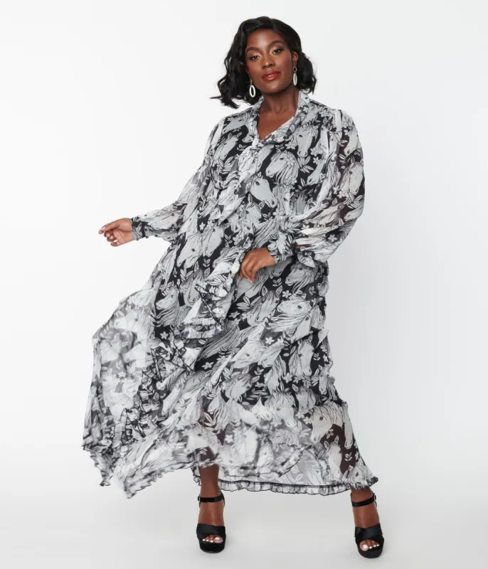 Unique Vintage Plus Size Black & Wild Horses Neck Tie Maxi Dress sold by Unique Vintage