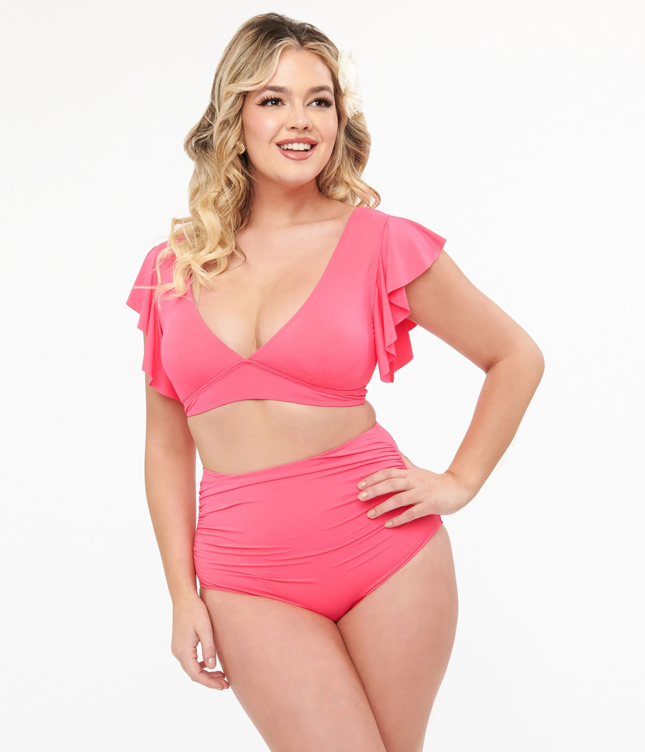 Neon Pink Ruffled Sleeve Two Piece Swim Set sold by Unique Vintage product image thumbnail 3