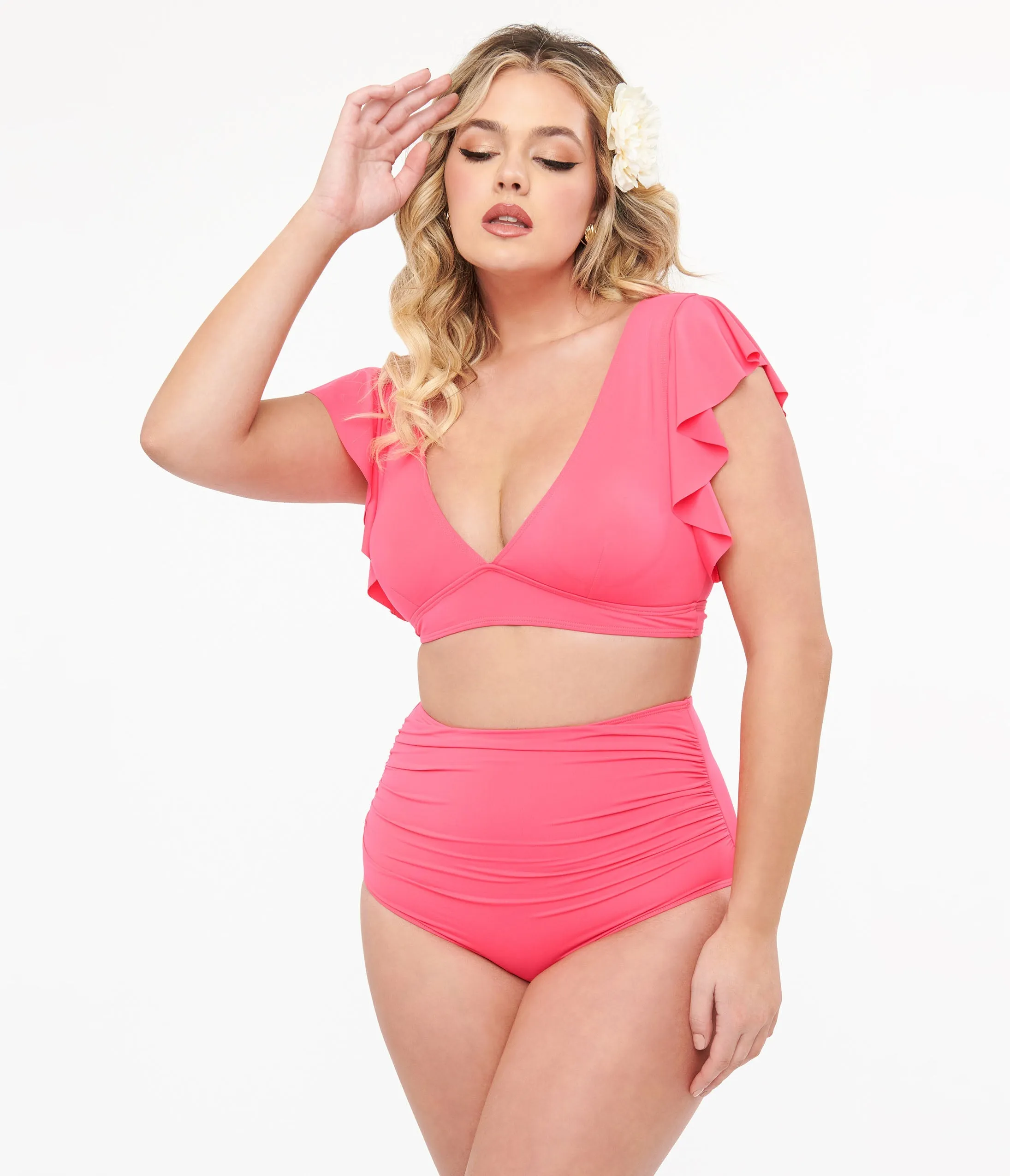 Neon Pink Ruffled Sleeve Two Piece Swim Set sold by Unique Vintage