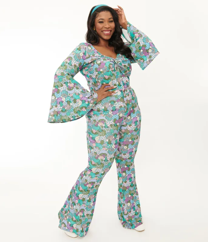 Smak Parlour Plus Size 1970s Teal Groovy Mushrooms Find Your Flare Pants sold by Unique Vintage