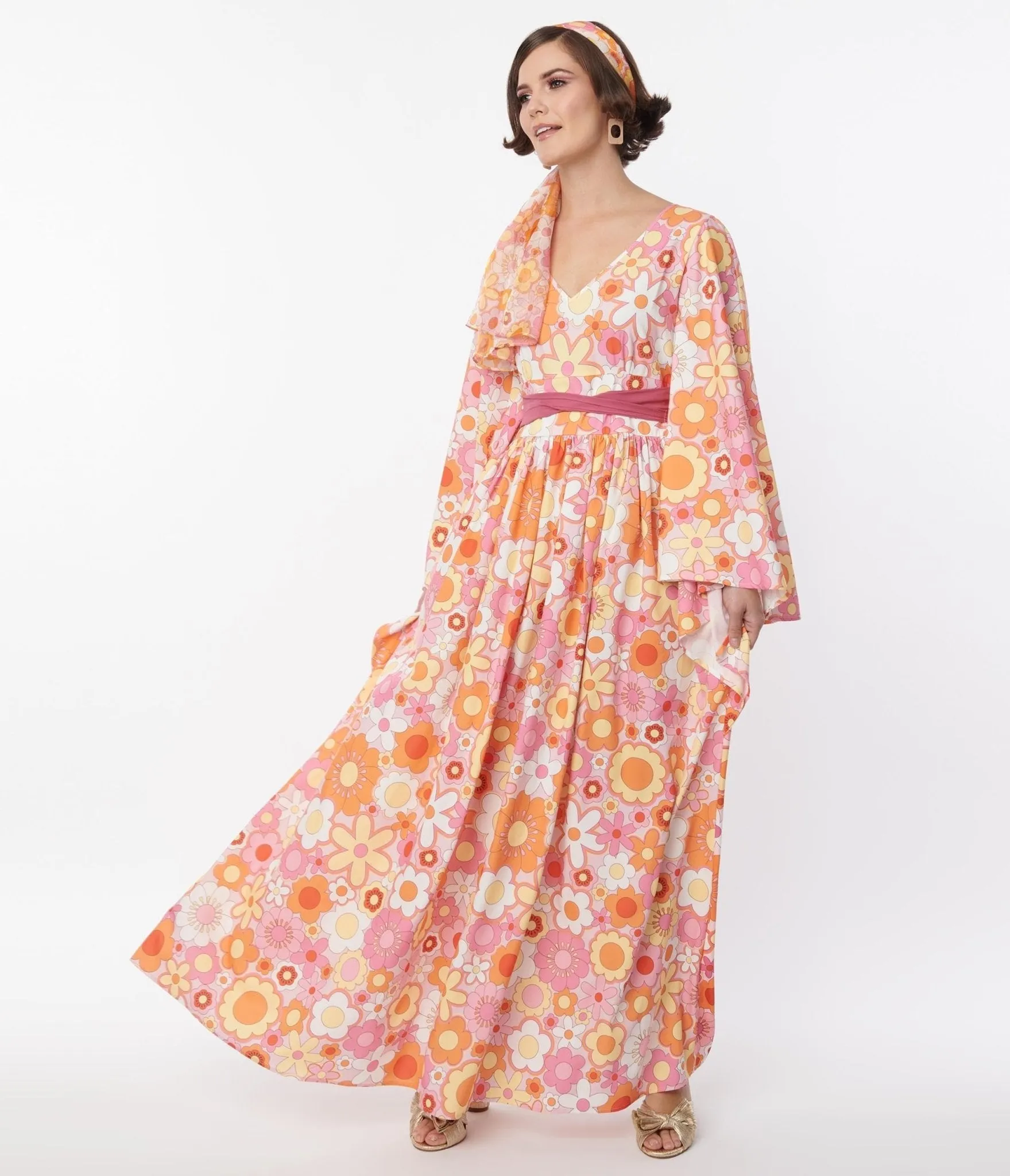 Smak Parlour Orange & Pink Mod Bloom Belted Caftan sold by Unique Vintage product image thumbnail 5