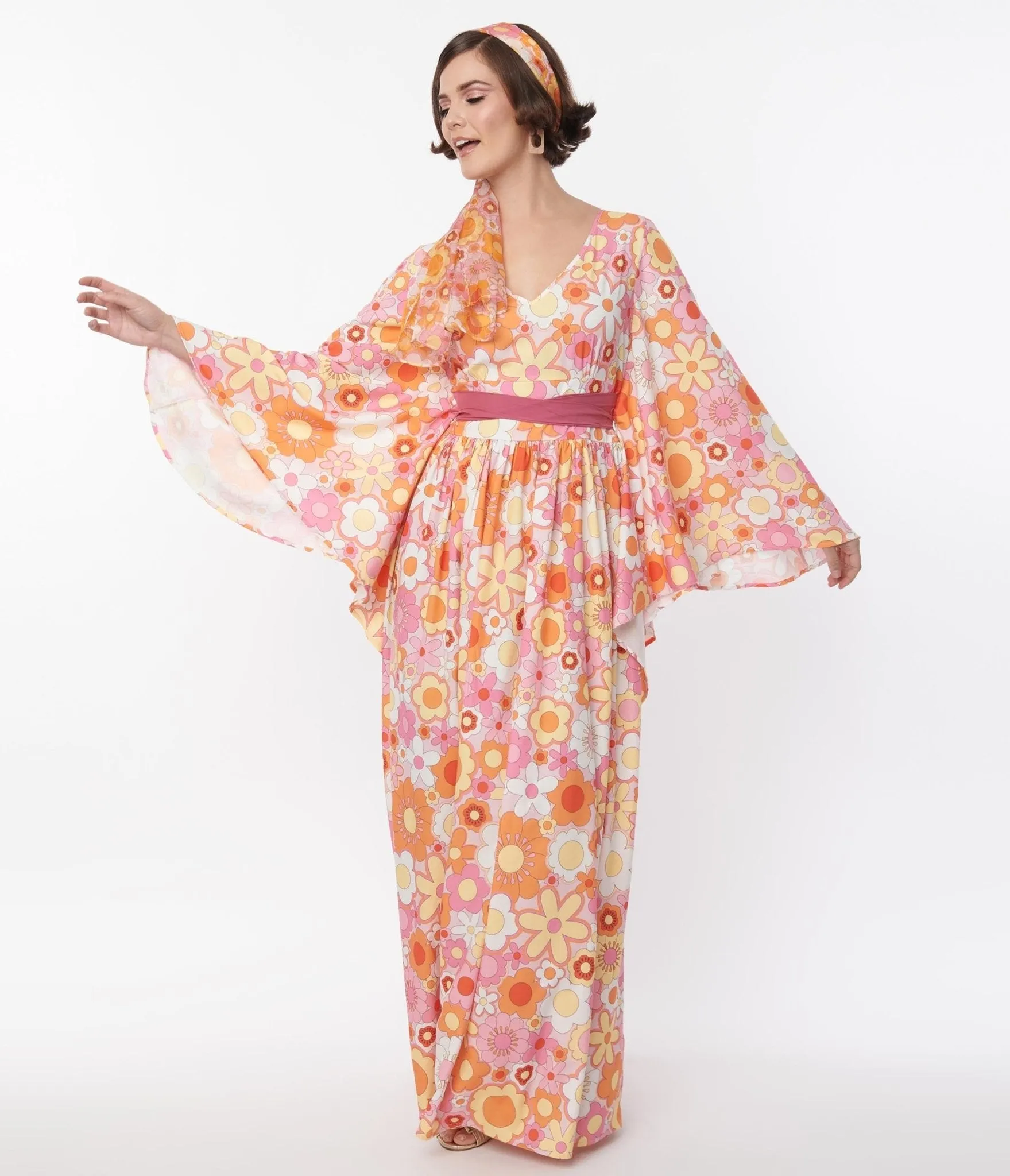 Smak Parlour Orange & Pink Mod Bloom Belted Caftan sold by Unique Vintage product image thumbnail 4