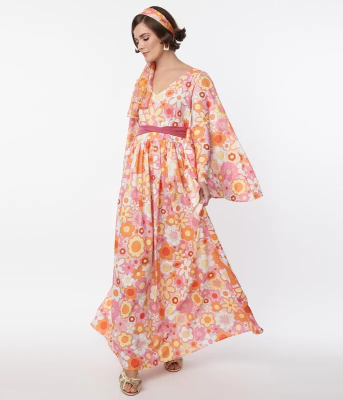 Smak Parlour Orange & Pink Mod Bloom Belted Caftan sold by Unique Vintage