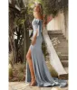 Ladivine by Cinderella Divine Dusty Blue Off The Shoulder Tie Bridesmaid Gown sold by Unique Vintage