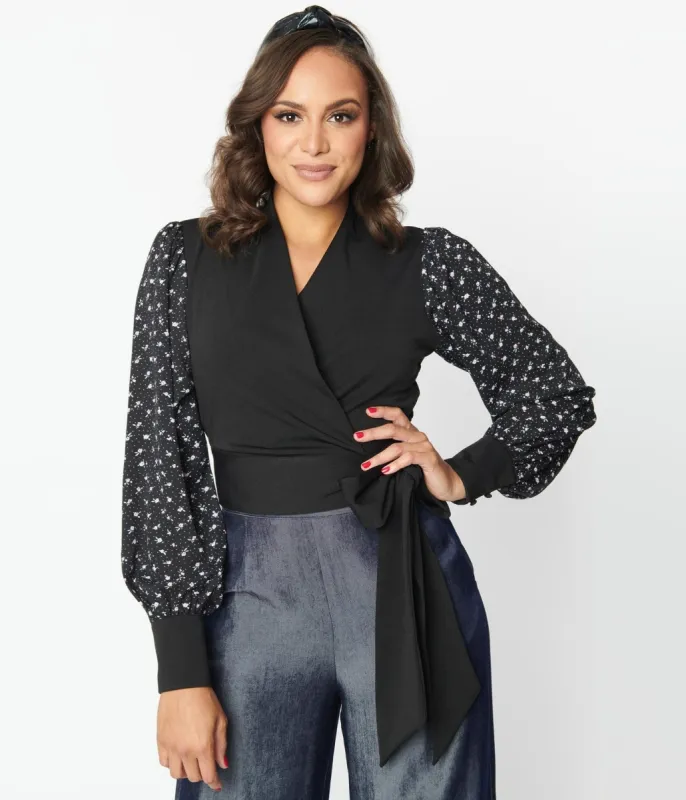 Unique Vintage Black & Purple Dainty Floral Giselle Wrap Top sold by Unique Vintage