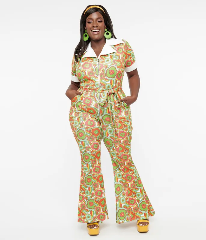 Unique Vintage Plus Size 1970s Green Retro Floral Wide Leg Jumpsuit sold by Unique Vintage