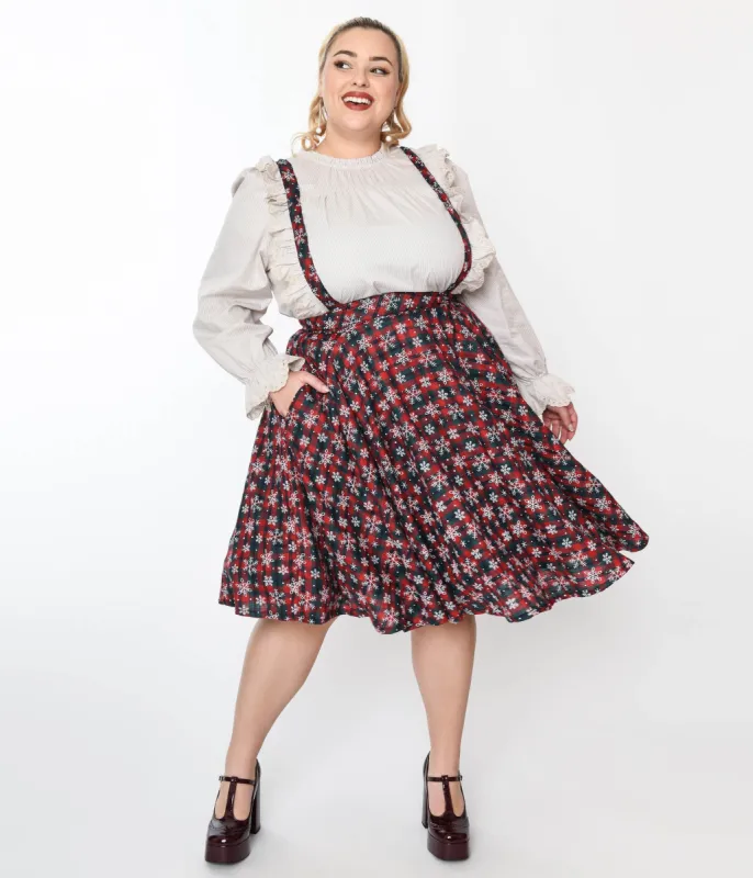 Magnolia Place Snowflake Red Tartan Plaid Pinafore Swing Skirt sold by Unique Vintage