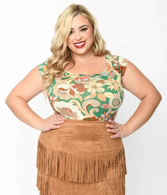 Retrolicious 1970s Green & Tan Mod Floral Top sold by Unique Vintage