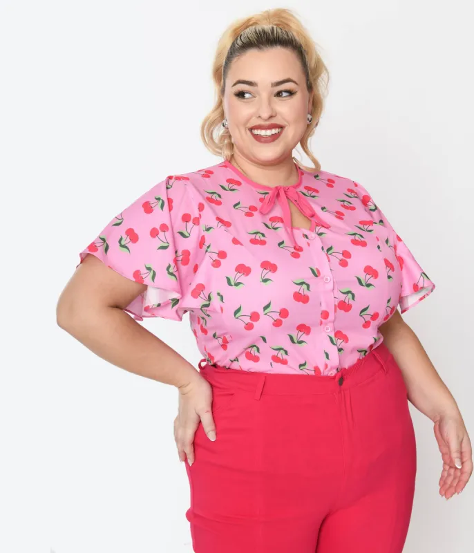 Unique Vintage Plus Size Lavender & Hot Pink Cherry Cecilia Blouse sold by Unique Vintage