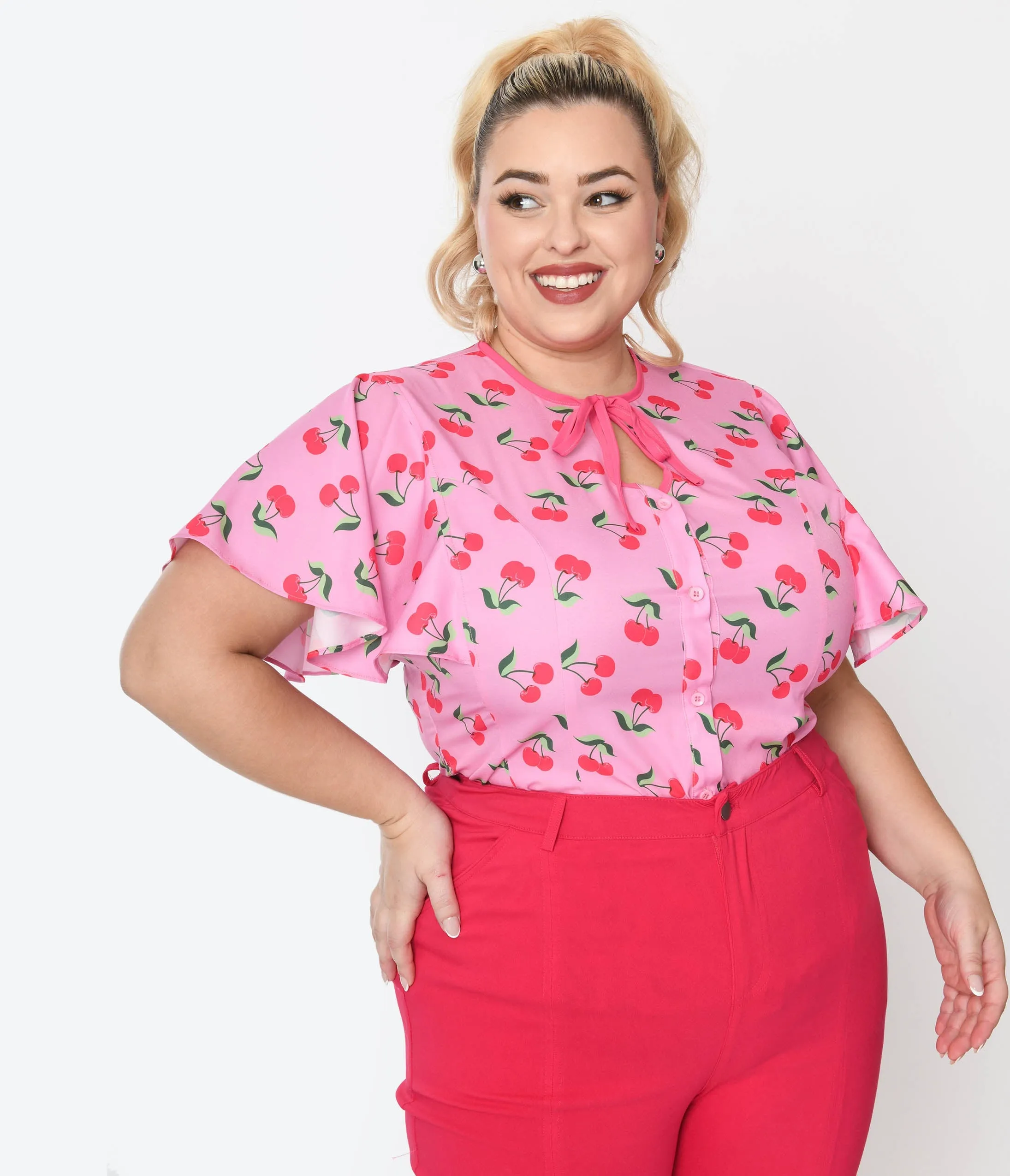 Unique Vintage Plus Size Lavender & Hot Pink Cherry Cecilia Blouse sold by Unique Vintage