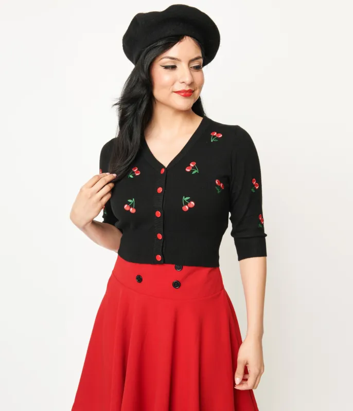 Black Cherry Embroidered Cropped Knit Cardigan sold by Unique Vintage