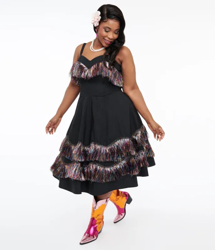 Unique Vintage Plus Size Black & Rainbow Fringe Girlie Swing Dress sold by Unique Vintage